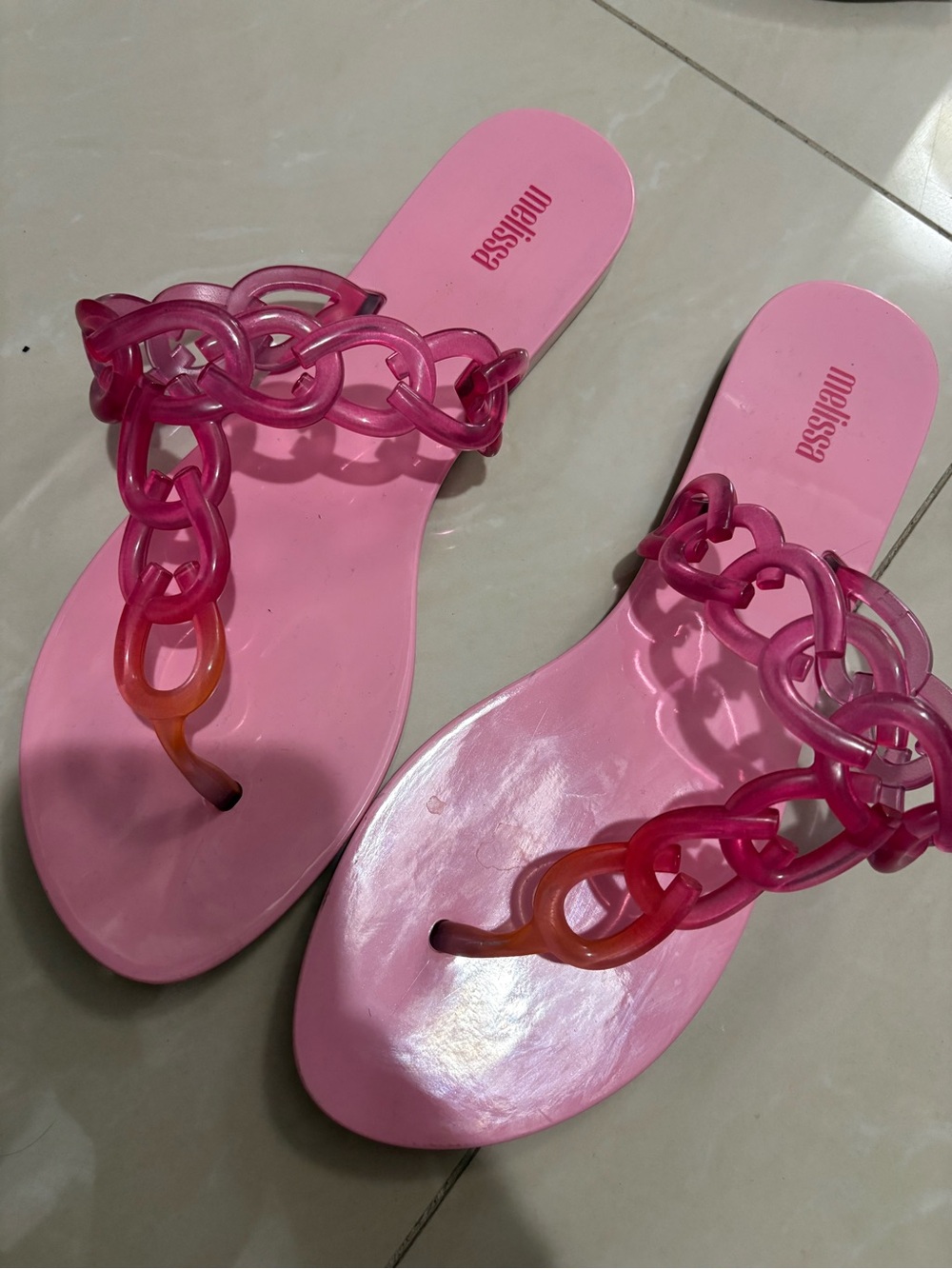 Melissa Pink Jelly Chain-Link Thong Sandals with Orange Accent